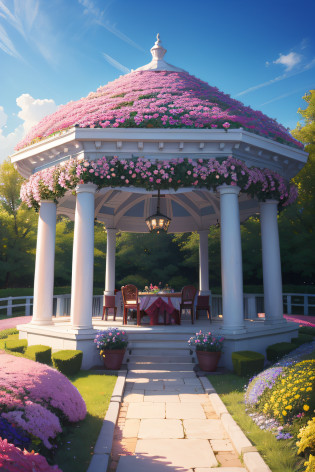 A pavilion in a sea of flowers