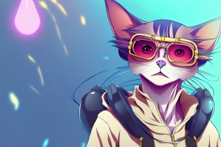 Portrait of a beautiful anime cat, powerful leader, lofi colors: anime drawing, anime, lofi art, lofi vibrations: sunglasses, glasses, long neck, extra eyes, extra face::-1 �ar 9:16 --s 5000 --c 10 --iw 4 --uplight