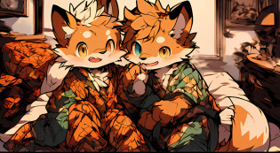 Style picture of a squirrel in pajamas lying on bed with its limbs open, Shota?large tail?Shota?Drooling in the mouth?Wet hands?commission on furaffinity, very very beautiful furry art, furaffinity commission, squirrels, jazza and rossdraws, Furry art!!!, zerochan art, Colorful squirrel city, Detailed fanart, fursona art, wearing fancy clothes, Furry tail,