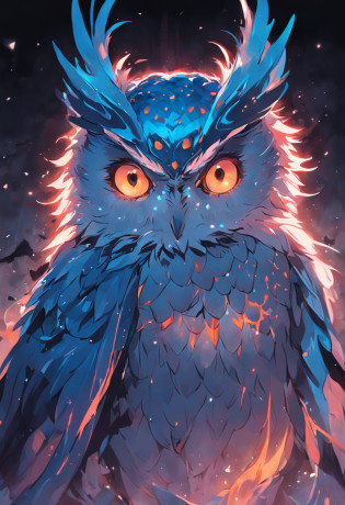 um close up de uma coruja com olhos azuis em um fundo preto, Coruja Radiante, criatura altamente detalhada, intrincado, coruja incandescente, the wisest of all owls, Grande arte digital com detalhes, coruja fofa com olhos grandes