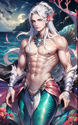 man, masculine, masculine face, attractive, muscular, (((1man))), masterpiece, absurdres, best quality ,intricate details, ((full body)), (shiny skin, shiny body, shiny oily luster skin, shiny hair, pale skintone), Sundown, attractive, ((muscular)), adult, one, earrings, Don't look at the view , Not looking at the view, silver hair, braided hair, perfect detailed face, perfect detailed hands, triton, fins, red eyes, triton ears, smirk, marine sea ornaments, open chest, ((mermaid tail)), no legs, under the sea, fishes, masculine features, masculine face, (((night))), moonlight, darkness, dark light, character seen from afar