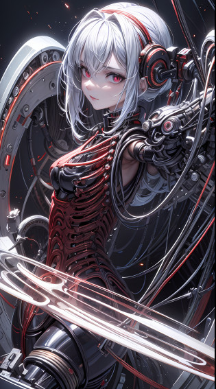(((Masterpiece))), ((Best Quality)), (Super Detail), (CG Illustration), (Very Evil and Beautiful)), Cinematic Light, ((1 Mechanical Girl)), Single, (Mechanical Art: 1.4), ((Mechanical limb)), (Blood vessel attached to a tube), ((Mechanical spine attached to the back)), ((Mechanical cervical vertebrae attached to the neck), (Back to the viewer)), expressionless, ( Wires and cables attached to the head and body: 1.5), Science Fiction, Apocalypse, Ruins, (Lower Body Integrated with Mechanical Devices), (Blood: 1.5), Cruelty, Absurdity, Eroticism, Fusion with Machines, Doomsday Time, Super Future, Inorganic, Laboratory, Restraint, (Beautiful Indulgence: 1.2), (1 Girl: 1.3), Body Wrapped Around Mechanical Tentacles