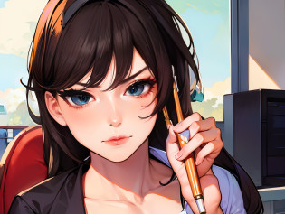 top-quality??masterpiece?annoyed face,?1 girl in?Beautie?sit on desk?Holding a ballpoint pen?