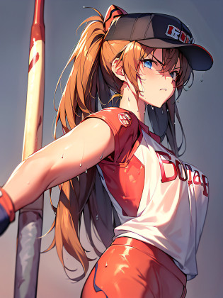 Masterpiece++, Best quality++, Ultra-definition++, Ultra-definition++, 4k++, 8k++, (background focus)++, very detailed, ((ballpark))++, (1 person), ((( Evangelion Soryu Asuka Langley)) +++, ((player with a baseball bat)), ((((batting form))))++++, (((baseball uniform))) +++ , ((baseball bat))++, (baseball bat)+, ((mature woman with baseball bat))++, (baseball cap), (baseball glove), leaning, blush, (wristband ), (brown hair), (super shiny hair and skin), (sunlight), ((beautiful)), cleavage, vibrant, serious expression, perfect eyes, perfect hands, perfect Nose, Evangelion Asuka Langley Soryu, bright atmosphere, (wet effect)+, (light effect), (cinematic light)+, (light cinematic)+