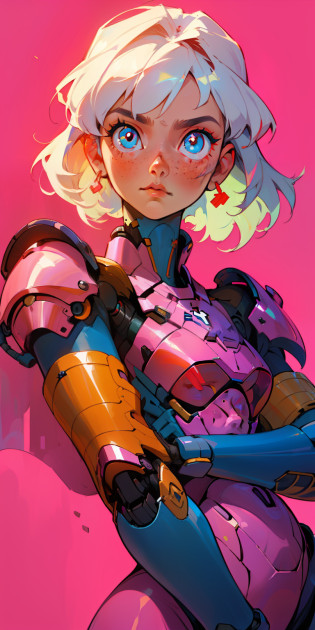 Octane Rendering,full view,8k --niji 5, (best quality, masterpiece, ultra-realistic), portrait of 1 beautiful girl, (head to toe full body image), 1girls, solo, (Bubblegum Crisis style body armor: 2.0), (Knight Saber body armor), female shape, robotic exoskeleton, sleek design, futuristic, late 90's anime style, smooth lines, powered exoskeleton, extremely stylized, deviant art, masterpiece, highly detailed, detailed eyes, expressive detailed eyes, detailed pupils, futuristic, blush, small breasts, lots of freckles, super textured detailed skin, entire body image, full body shot, Bubblegum Crash anime,