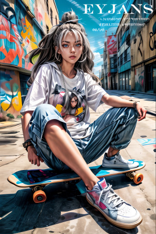 Arad woman sitting on a skateboard on a city street, She is seen wearing streetwear pieces, urban girl fanart, street clothing, streetwear fashion, Woman in streetwear, street fashion outfit, cyberpunk streetwear, Anime style mixed with Fujifilm, hiphop urban inspired, Style anime, style of anime4 K, japanese streetwear, realism art style, street clothing, Realistic art style?Videl Dragon Ball? serius face? white t - shirt? black colored leggings? Original long black hair? long eyelasher? Bright and beautiful eyes? ultra-realistic realism? shadowing? stereograms? ?realisticlying? Realistis? 1.2?? angle of view? atmosphric perspective? cinmatic lighting? Ray traching? 8K? super detailing? best qualtiy? tmasterpiece? The details are good? ?Canan EOS R6? 135mm? 1/1250s? f/2.8? ISO 400?0.9?? cyber punk perssonage? neonlight? Neon signs