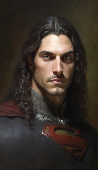 Leonardo Da Vinci oil painting, superman portrait, staring at camera, intricate and meticulous brushstrokes, extremely fine detailed, realistic --no cartoon