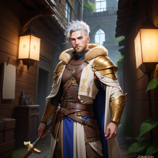 (full body: 1.2), a young, warrior golden armor, with short white hair and a beard, large eyes bright with blues, he is dressed in a golden leather robe covering his body from neck to toe, inspired by Johannes Helgeson, RPG, portrait, painted portrait of wounded Odin, RPG book portrait, portrait of an adventurer,  epic RPG portrait, sharp RPG portrait, crisp RPG portrait, RPG character art, RPG portrait, by Johannes Helgeson, full body RPG portrait, full body, The man has an expression on his face that suggests he may be deeply in thought or concentration, His clothes appear to be made of different shades of gold,  brown and grey, giving it an overall rustic look