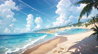 Wallpaper, Sea, Breaking Waves, Pink Sky, Beach, palm tree, sand, hills, shores, sand on the right, sea on the left, shaping straight line from top to bottom, beach shores, more sand, tree trunk on the sand, HD Detail, Ultra Detail, Film, Hyper Realism, Soft Light, Deep Field Focus Bokeh, Ray Tracing, Diffuse (extra fine glass reflections). --v6