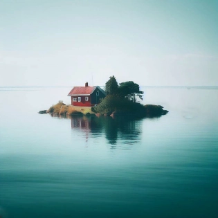 Award winning minimalistic photo of a beautiful idyllic island in the swedish archipelago, cute red cottage, beautiful water, photographed with sony a7