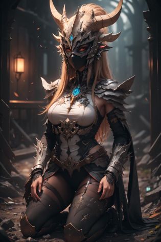 <lora:sh4g0d:0.7>, sh4g0d,
girl shaman, wearing mask made of wood, portrait, kneeling, dark blonde straight hair,