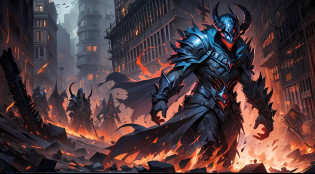 Hombre grande,marcas y simbolos por el cuerpo,pelo largo y  lanco,capucha roja,Espada gigante de almas en pena,oscuro,almas,guantes demoniacos,armadura masiba,armadura de almas en pena,demonio, Fuego, caballo infernal de fuego y lava,ojos rojos,ojos azules brillante, infierno, apocalyptic,fin del mundo, Lado oscuro,ruina, guerra, Darksiders , ERA (Darksiders), obra dearte,guerrero,enviado del infierno,Horseman of the Apocalypse,muerte,sangre,destruccion,hambre,lucha,furia,ciudad debastada,edificios en ruinas,calles destruidas,pobo y particulas en el aire,muchas victimas alrededor,demonios muertos,demonios descuarisados y sangrando,espada clabada,espada enterrada,espada con sangre,mirada aterradora,misterio
