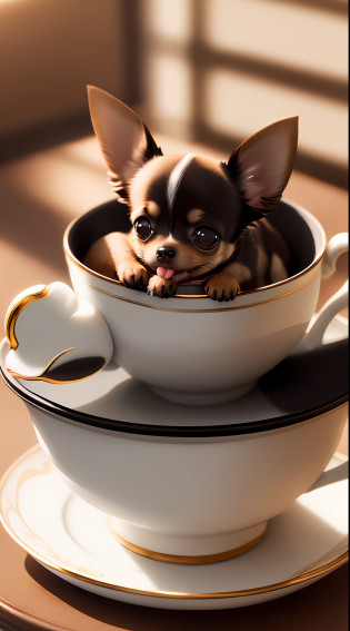 Black tan long coat Chihuahua, (((Small)))), in a teacup, Face out, Tongue sticking, Front paws sticking out of teacup, 8k, Professional photo, delicate, clear, on the table, in the house, sunshine, Light leak, Masterpiece, ((Pretty)))), Fashionable teacup, (Reality))))