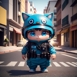 gatinho vestido de policial federal com olhos realistas e cores brilhantes numa rua movimentada no por do sol, chibi, cute adorable happy, desing de logotipo, charmoso, fofo e peculiar,  cinematic lighting effect, 8k, altamente detalhado, arte vetorial 3d, desenho animado, isometric style, 4k render, sem defeitos, pixar, detalhes complexos, imagem perfeita --auto