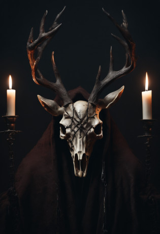 (a person wearing a black hooded robe and a satanic deer skull,a wax candle),(best quality,highres,gloomy,horror,satanic,dark color scheme),dimly lit background,gloomy atmosphere,flickering candle light,creepy vibes,detailed robe texture,dark and mysterious,haunting shadows,spooky aura,sinister expression in the eyes,subtle glow on the candle flame, cinematic camera angle, photo realistic, clear deer skull, highred deer skull, blood on deer skull, wax dripping, chains hanging from background