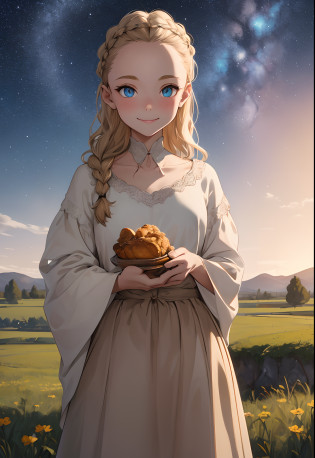 perfect anatomy,super detailed skin,highdetail,super detailed pupil,(best quality),(masterpiece),8k,(in 15th century),(common people),farmers,1girl,12yo,blue eyes,faint lip,french braid,pale blonde hair,medium straight hair,(forehead),15th century common people clothing,clavicle,long_skirt,saint,fiance,smile gently,pigeon toed,outdoors,rural background,wide_viewer,from_below,Stargazer,1boy,pov_male,starry sky