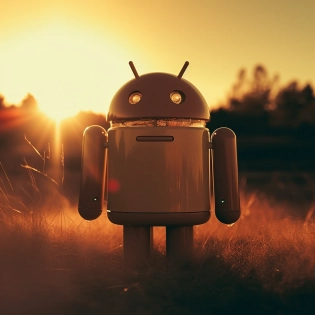 A photograph of an android bathed in the warm light of sunset, taken with a medium format camera