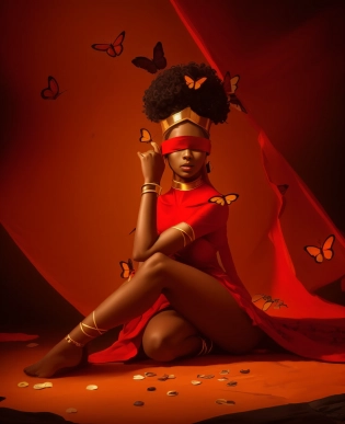 a woman in a red dress sitting on the ground with butterflies flying around her, dark skin female goddess of love, black african princess, inspired by Thomas Blackshear, rossdraws | afrofuturism, african princess, black art, african queen, rob rey, stunning african princess, black woman, by Lily Delissa Joseph, the butterfly goddess of fire, by Eddie Mendoza