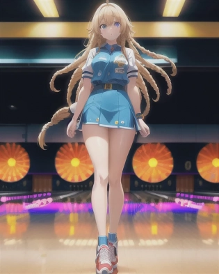 girl, happy, beautiful medium blonde hair, dreadlocks, best girl hair, bowling, girl is standing, 10 pins, team outfit, bowling ball, shiny floor, shoes, score. anime, professionally color graded, HDR, anime faces, hyper resolution, created by Artgerm, Greg Rutowski volumetric lighting, intricately detailed outfit, dynamic pose, octane engine, unreal engine