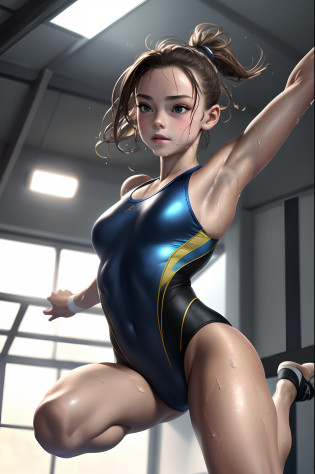 (Best Quality,8K,hight resolution,masuter piece:1.2),Ultra-detailed,Realistic:1.37,Portrait,Dynamic Angle,Female gymnasts,Teenage girl,small head,Cute,Sporty,Charming face,Detailed beauty face,Very realistic skin,Wet skin,Sweat,Large breasts,Narrow waist,nice legs ,Sporty,Gymnastics venue,Cinematic lighting,jump