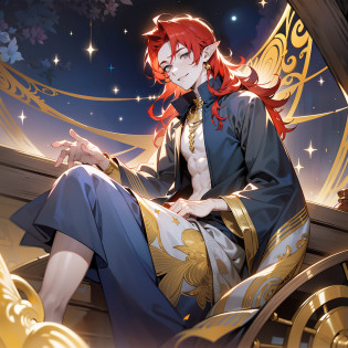 young man, (((male))), man, (((one person))), single, solo, (((very pale skin))), ((pale skin)), (((red hair))), ((red colored hair)), (((grey colored eyes))), long hair, (((slim body))), twink, (((flat chest))), (((fantasy style))), (((wearing only a loose piece of fabric))), ((body covered in loose transparent fabric)), ((black colored fabric)), ((blue transparent fabric)), ((black transparent fabric)), (transparent fabric), (((indigo colored fabric))), (((patterns on fabric))), ((patterns on clothes)), ((golden details)), ((wearing golden accessories in his hair)), ((golden jewellery)), ((pointy ears)), (((grey eyes))), smooth skin, stars ornaments, sun moon ornaments, stars decoration, (male face), smiling, tents in the background, nighttime, campfire, ((sitting on a wooden cart)), a few trees, colorful lines of fabric hanging over the cart, patterned fabric draped over the cart, circus in the background
