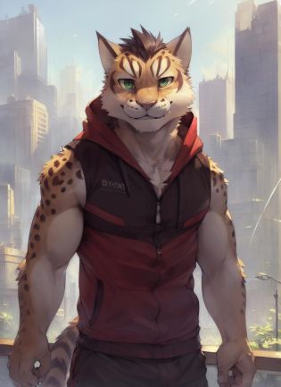 <lora:shu-chi-09:0.8>, yan shu chi, solo,  by Pixelsketcher, by Bayard Wu, by Thomas Benjamin Kennington , by Einshelm, detailed eyes, city background, (full body), sleeveless, sleeveless hoodie, hoodie, leopard tail, tail, green eyes, day,