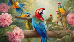 there are two birds sitting on a fence surrounded by flowers, colorful hd picure, colorful birds, birds and butterflies, blue and yellow fauna, magical colorful flowers, realistic flowers oil painting, crystallic sunflowers, nature painting, butterflies and birds, beautiful nature, birds in the sunlight, beautiful painting of friends, mystical birds, bright sunny day, painting of beautiful, by Doris Blair, painted in bright water colors, rich aquarel, pararel, inspired by Charles Bird King, by K�roly Lotz, ethereal macaw