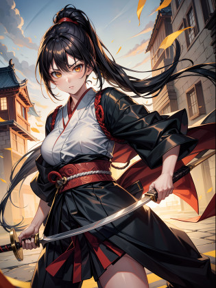 (masterpiece, best quality),
batt?jutsuswing, (holding weapen:1.3),fighting stance,
1girl, battoujutsu stance, spread legs, samurai, iaidou, cowboy shot, looking at viewer,
break girl, japanese clothes, black hakama, black hair, high ponytail, long hair, yellow eyes, medium breasts, chest sarashi,
break background, edo , castle