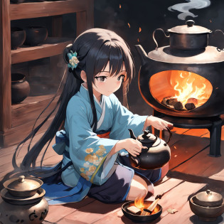 Anime girl in Hanfu sitting next to a teapot, Boiling a teapot over charcoal fire on the stove, Side Body?stove?Charcoal fires should be smaller?The fire should be a little smaller?teapot?author?Qu Leilei, author?Chen Daofu, author?Xia Gui, author?Zou Yigui, by Yang J, author?Qiu Ying, author?Cheng Jiasui, author?Xu Xi, author?Xia Yong, author?Yao Tingmei, Drinking tea, By Li Song