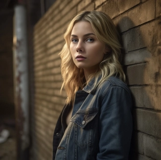 A beautiful blonde girl leaning against a wall in a dark alleyway in a film directed by Vince Gilligan