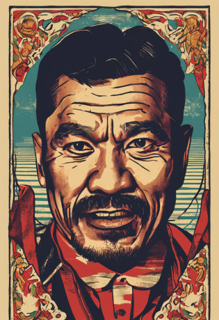 a color photo of a man holding a trophy in a boxing ring, um retrato inspirado em Dong Kingman, Flickr, Shin Hanga, Filme ainda de Manny Pacquiao, Tetsuo Hara, Eddie Del Rio, Hiroya oku |, kutsuya terada |, Taiyo Matsumoto, Eddie, Cinebiografia, 6 de maio 8, Shinji Kimura, slide show