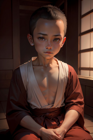 A sinister boy in a monk's robe sitting in the dark, monk clothes, peaceful expression, buddhist monk, portrait of monk, monk meditation,A fierce and evil expression, Buddhist, Deep in thought, Serene expression, Buddhist monk meditation, monk, portrait shooting, thoughtful pose, ancient japanese monk, 2 1 st century monk, little boy wearing nun outfit, 500px