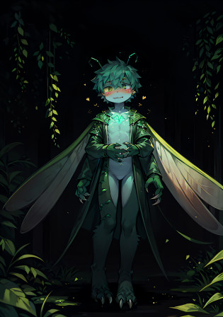 (Dark Environment: 0.8), Shadow, Curse Spread, Insect Parasitism, Moss Skin, Dark Moss Scales, Carapace Skin, Plant Parasitism, Fungal Parasitism, Leaf Growth, Leaf Scales, Hypnosis, Bug Boy, Cute Face, Vegetative Man, Glow Plant, Fantasy Plant, Solitary, Shota, Insect Assimilation, Lots of Insect Features, Light Wings, Arthropods, Multi-Handed, Sharp Claws, Lots of Plant Features