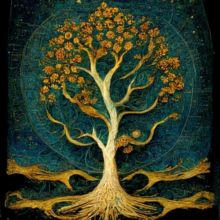 The tree of knowledge, connecting to heaven and the underworld, and the tree of life, connecting all forms of creation, are both forms of the world tree or cosmic tree, and are portrayed in various religions and philosophies as the same tree. in style of van gogh
