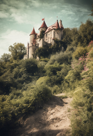 castle, Faits saillants naturels, couleurs vives, Realistic wide angle, Environnement mystique, realistic textures, realistic shading, centered, inked lines and watercolor, UHD, photo, 8k resolution, Sombre, Action dynamique, pale faded style, camera Holga, retr�, nostalgic dreamer, Flou, Vignettage, light leaks, Medium photography, Dark ethereal pictorial artistic, fantasque, beaucoup de nuages de couleur
