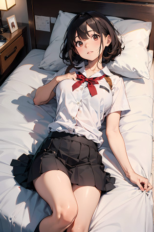 Arab-asian woman lying on bed in open white shirt and twisted black skirt, japanese girl school uniform, a hyperrealistic schoolgirl, JK Open Uniform, Cute Schoolgirl, open, a hyperrealistic schoolgirl, Japan Open Uniform, For Japan School Open Uniform, Korean Girl, Wearing an open school uniform,middlebreast?tits out?, Realistic Women, Wearing a school uniform with an open uniform?