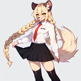 (By hyattlen, by fumiko, by claweddrip):1.2, solo, (cute light tan hyena girl), (spotted_hyena:1.1), female, (fluffy_cute_dark_brown_ears:1.1), (tan_body:1.1), black nose, yellow eyes, (cute_snout:1.1), fluffy blonde tail, long_bangs:1.1, long blonde hair, french braided hair, visible fangs, small_breasts, wearing white button up shirt, red tie, black skirt, combat boots, standing, neutral pose, no background, white background