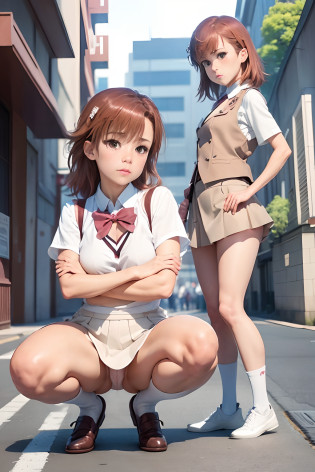 ((NSFW))?((Squat))?((Open your crotch wide from side to side))?((Opening legs))?((Shooting from front))?Top image quality?top-quality?8K picture quality??masterpiece?((1 persons))????full body Esbian?7headed body?Misaka Mikoto?embarrassed from?red blush?shorth hair?small tits ?Short sleeve blouse?vests?((white  panties))?((highleg))?((White loose socks))?((Brown loafers))?((No skirt))?In the street?profetional lighting?Professional filming?