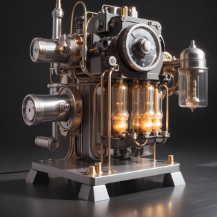 A real machine made of stainless steel with a high degree of craftsmanship and quality assurance, masterpieces in the hands of top masters, extremely detailed and sharp image resolution, rendered with camera-like realism, inspired by real photos, highly realistic details, as commemorative images, panoramic lighting effects, fine and accurate shadow representation, using advanced octane rendering technology, up to 8K resolution, extremely sharp and clear lines and details, performance of metallic materials, fine and intricate decorative details, steampunk style details, Details such as vacuum tubes, liquid tubes, oil pressure gauges, glass tubes, analog instruments, highlighting the details and movement of gears, the performance of gold hydraulic cylinders, highly complex and detailed depictions, realistic lighting effects, following current trends in CG technology, depicting mechanized body parts, depicting blood vessels connected to catheters, depicting wires and cables connected to the head, drawing details of small LED lamps based on the inspiration of Gundam mechs