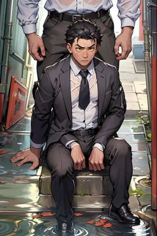 A3R1, Hector Fey ?Multi-view upper body? Suit pants view?legs separated?A3R1,pissing?Pee yourself?His own urine ran down his thighs?perfect male figure? Aerith Gainsborough ,The suit pants are wet?Urine runs down the leg of the trouser?Yellow eyes?sit astride?legs separated?Can't hold back urine?wants to pee?Wear a tie?wearing leather belt?Long Sleeve White Shirt??The shirt is soaked??Black hair short hair?perspire?Black suit trousers?dress shoes?Nervously bow your head?is shy?embarressed?exhilarated?is shocked?panicking?worry?exteriors?On dry ground? A small puddle of his own urine formed around his feet?legs are open?Very eager to pee?Unbearable?Can't help but pee?Urine flows from the crotch to the legs?Incontinence?It's uncomfortable?Very anxious?Sweat runs from the crotch?Wet yourself?urinating?high detal?hentail realism?ultra-realistic realism?three sided view? A masterpiece of careful planning?A high resolution? hyper HD ?anatomy correct?super detailing?best qualtiy?A high resolution?8K