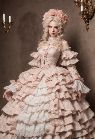 there is a dress on a mannequin, rococo ruffles dress, rococo dress, baroque dress, intricate fantasy dress, ornate frilly dress, romantic dress, frilly outfit, fantasy dress, frill, lolita style, full dress, ((lolita fashion)), long sleeves dress, many layers lolita dress, palatte color include black and white