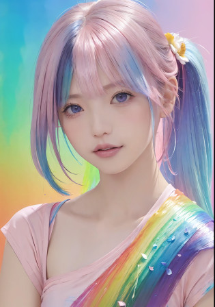 (Pink fashion T-shirt:1.9)?(colourful hair:1.8)?(all the colours of the rainbow:1.8)?((((Vertical Painting:1.6)))?(painterly:1.6)?frontage?comic strip?illustratio?painterly?big eye?Sheer eyes?(Iridescent gradient high ponytail:1.7)?Exquisite makeup?Mouth closed?(Small fresh:1.5)?(Wipe Chest:1.6)?long eyeslashes?White off-the-shoulder T-shirt?White shoulder shirt?looking at the spectator?large watery eyes?(rainbow-colored hair:1.6)? color splashes, (??:1.8), color splashes, Color explosion, Thick paint style, Messy lines, ((SHINES)), (colourfull), (colourfull), colourfull, colourfull, Chic paint style, (Splash) (color splashes), Vertical Painting, The upper part of the body, paint splashes, Acrylic Pigment, gradients, paint, Top image quality, Top image quality, ?masterpiece, ??, depth of fields, facepaint, colourful clothes, (elegent: 1.2), Gorgeous,length hair, the wind, (elegent: 1.3), (flower petals:1.4)?(((?masterpiece)))?(((top-quality)))?((ultra-detailliert))?(illustratio)?(dynamic ungle)?((Planktonic))?(paint)?((dishevled hair))?(??)?(1girl in)?((Detailed anima face)))?((beautifull detailed face))?collars?bare shoulders??white  hair?((colourful hair))?(((striated hair))?beatiful detailed eyes?(Gradient color eyes)?(((Colorful eyes))))?(colorful backdrop))))?((((a high chroma))))?(((Surrounded by colorful splashes)))? information