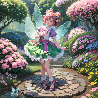 Kame-chan walked into the garden excitedly. Colorful flowers were blooming there, and a sweet aroma was in the air. The pink, blue, and yellow flowers welcomed Kame and seemed to be smiling.

In the garden also lived many five little fairies. As Kame-chan approached, the fairies began to dance. They had sparkling feathers and greeted Kame-chan with a cute smile.

