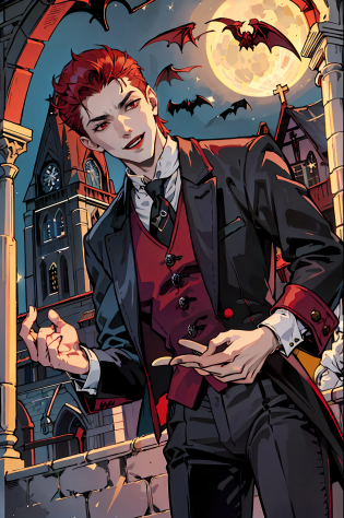 This is what a real Vampire looks like! Antique vampire clothes, elegant, gentlemanly. He is smiling friendly, his red hair is vivid, his red eyes shine against his perfect skin. In the background a purple church window, with moonlight reflecting behind. All this is in a beautiful and dark light, which makes it look amazing? (High quality: 1.2, Church at night: 1.5, Antique Vampire Clothing: 1.4) (((At night))) (Provocative light, mysterious darkness)