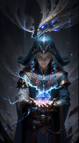 (((Masterpiece))), (((UHD))), (((Textured skin))), (((Super detail))), (((High details))), (((High quality))): Describe a Wizard in mystical robes, holding a gleaming crystal staff. The staff is adorned with arcane symbols and emanates an aura of power. The Magician is in the midst of a magical ritual, conjuring an area of effect magic. His hands are raised, and from the tips of his fingers burst beams of vibrant magical energy in intense colors. The scene is filled with vibrant colors, with the magic of the Magician creating a captivating visual spectacle. The magical rays intertwine in a complex pattern, forming a swirl of colors that spreads through the surrounding environment. Every detail of the magic is meticulously rendered, with textures and light effects that accentuate the pulsating energy. The Wizard's face reveals concentration and determination, his eyes shining with the intensity of the magic power summoned. Her attire is rich in detail, with flowing fabrics and adornments that reflect her expertise in arcane art. With the use of (((atmospheric perspective))), the image is captured at an angle that reveals magic spreading through the air and extending to the horizon, creating a sense of depth and realism. This image is a true work of art, with exceptional image quality and ultra high resolution (((UHD))). Each element, from the glow of the crystal on the staff to the magic rays in full flow, is worked with precision and care ((((super detail))). The vibrant colors and visual spectacle of the effect area magic create an impressive and engaging atmosphere. This high-quality magical representation is a celebration of the Magician's art and his mastery of arcane powers.