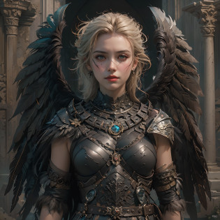(Numerous award-winning masterpieces, with incredible detail, textures and maximum detail), (full-body standing image:1.8), (upper body up:0.3), (hyper realistic:1.4), (realistic:1.3), (best quality real texture skin), (Lord's Hell Demon Warrior: 1.6), (Holds a sinister straight sword hilt that emits an elaborately decorated glow of hellfire: 1.9), (finely detailed true circle Symmetrical eyes), (finely drawn beautiful face), ((medieval world)), (Full body armor with delicate decoration that gives off a sinister shine: 1.8), (full-body standing image:1.8), (Beautiful yet evil eyes), (Smiling cruelly), (Eyes of a sinister color filled with malice), (Majestic thunderclouds and sky with shining lightning: 1.4), (halo optical phenomenon:1.3), Dramatic Light, majestic sight, (Large wings with Jet black feathers behind the shoulders:1.7), (((Folded wings))), Glass earrings on the ears, (((dramatic photo))), (full-body standing image:1.8), (Sacred Pose), (golden hair), (silver hair), (chestnut hair), Short cut hair, ((looks up)), ((looking down)), (Around her neck is a simple necklace of exquisite workmanship), Old ruins infested with plants, great temple, great cathedral, temple ruins, detached temple, (Luminous magic circle), Ruins of an ancient castle, Deserted ruins, crumbling ruins, Ancient ruins with clear water, highly detailed, ultra-realistic, intricate details, painting (artwork), ((masterpiece,best quality)), ((cinematic light)), hyper realistic, fearsome, dark fantasy, Sacred Light, epic realistic, faded, ((neutral colors)), art, (hdr:1.5), (muted colors:1.2), hyper detailed, (art station:1.5), cinematic, warm lights, light effect, dramatic light, (intricate details:1.1), complex background, (Greg rutkowski:0.8), (teal and orange:0.4),