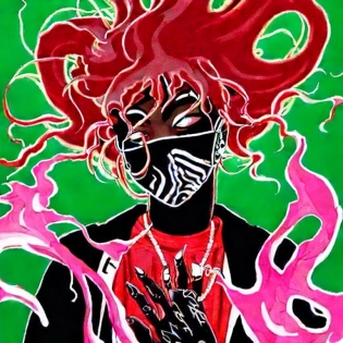 lil uzi vert, new key visual, album cover art, in the style of knudsen, demon, red smoke smoke, horns, japanese art syle, manga cover art, anime art style