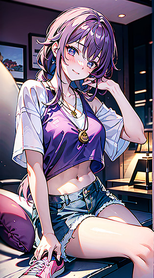 masterpiece, best quality, photorealistic, (indoors:1.2), beautiful lighting, cinematic lighting, bedroom, on bed, lamp, poster,two girl
AND two girl,yae miko, pink hair,  teasing, smug, smirk, head tilted, knee up, looking at viewer, glossy skin, sitting, medium breasts, dolphin shorts, denim, navel, midriff, nose blush, necklace, (sneakers:1.2), leaning on person,genshin impact,
AND two girl,raiden shogun, purple hair, purple eyes, serious, blush, looking at viewer, single braid, shirt, long hair, crossed legs, glossy skin, knee up, arm rest, sitting medium breasts, dolphin shorts, denim, smile, necklace,(sneakers:1.2), looking at another, half closed eyes,genshin impact,