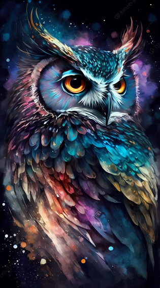 uma pintura de uma coruja com olhos brilhantes e penas coloridas, Coruja Radiante, cheio de cores e detalhes ricos, pintado em aquarelas brilhantes, Coloridos!! altamente detalhado, coruja incandescente, alien owl, cores realistas detalhadas, cores altamente detalhadas, arte bonita, mistura entre um! Coruja e lobo, the wisest of all owls, ???, muito detalhado e colorido, 4k detalhado