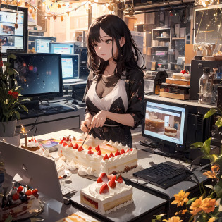 2D Illustration?The ultra -The high-definition?Correct drawing?pastel drawing?Watercolor wind?A scene like a movie?Dramatic Lighting?(1970 Computers:1.2)?computer lab?(Appetizing large cake:1.5)?houseplant?Flower bouquet?Large Gift Box?Lots of computers?Messy pile of paper?Monitors?rubbish?devastated?Sunnyday?miscellaneous?streetlights?abajour?Ming extinguished?Flowing lights?Akira?rubbish?a trash can?(Motion Effect:1.3)?(Motion Blur:1.3)?(Bokeh:1.6)?